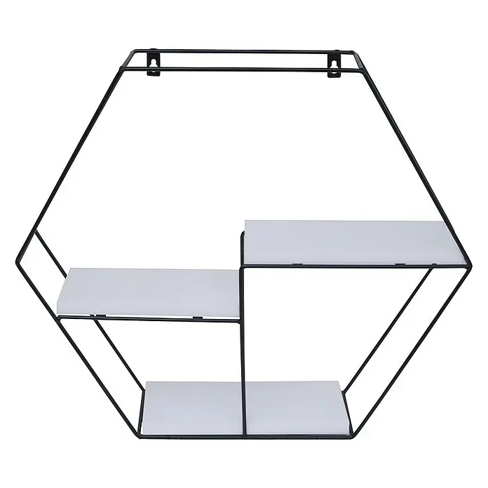 Berlinlodge Holzregal Wandregal sechseckig - H x B x T: 43 x 49 x 11 cm, Anzahl Böden: 3 Stk., Einhängen, Weiß - Dekoratives sechseckiges Wandregal mit drei Ablagen aus Metall in Schwarz und Weiß. Eine stilvolle Ergänzung für jeden Raum.