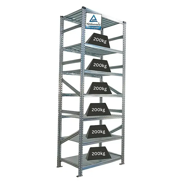 Proregal Metallregal Fachbodenregal PROXIMO Grundregal - Traglast pro Boden: 200 kg, Anzahl Böden: 7 Stk., Stecken, Verzinkt - Ein stabiles Metallregal mit sechs Ebenen, jede mit einer Last von 200 kg, zertifiziert durch TÜV Rheinland.