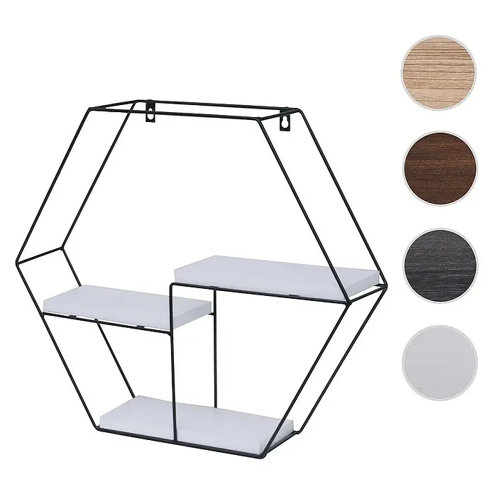 Berlinlodge Holzregal Wandregal sechseckig - H x B x T: 43 x 49 x 11 cm, Anzahl Böden: 3 Stk., Einhängen, Weiß - Wandregal mit geometrischem Design und drei weißen Regalböden.