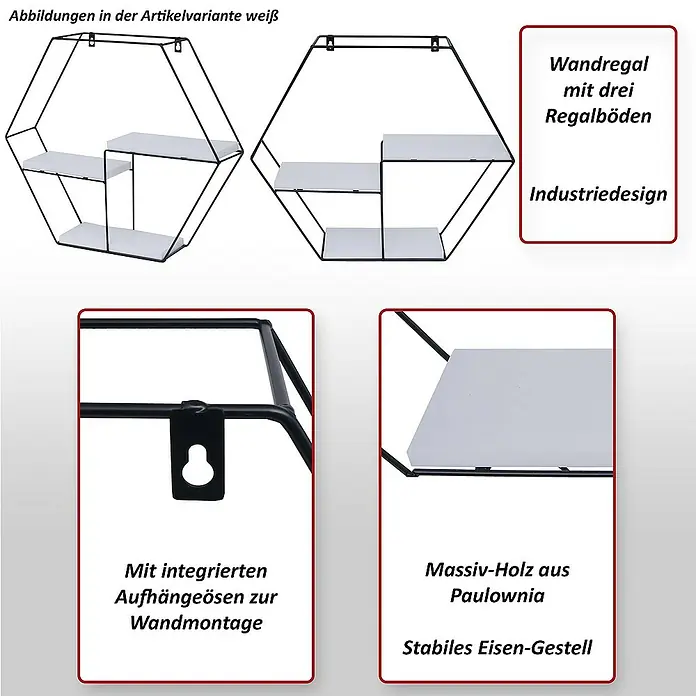 Berlinlodge Holzregal Wandregal sechseckig - H x B x T: 43 x 49 x 11 cm, Anzahl Böden: 3 Stk., Einhängen, Weiß - Abbildung eines weißen Wandregals im Industriedesign mit drei Regalböden, inklusive integrierten Aufhängeösen zur Wandmontage.
