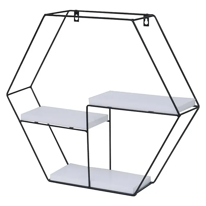 Berlinlodge Holzregal Wandregal sechseckig - H x B x T: 43 x 49 x 11 cm, Anzahl Böden: 3 Stk., Einhängen, Weiß - Modernes sechseckiges Wandregal mit drei weißen Regalböden und schwarzem Metallrahmen zur stilvollen Wanddekoration.