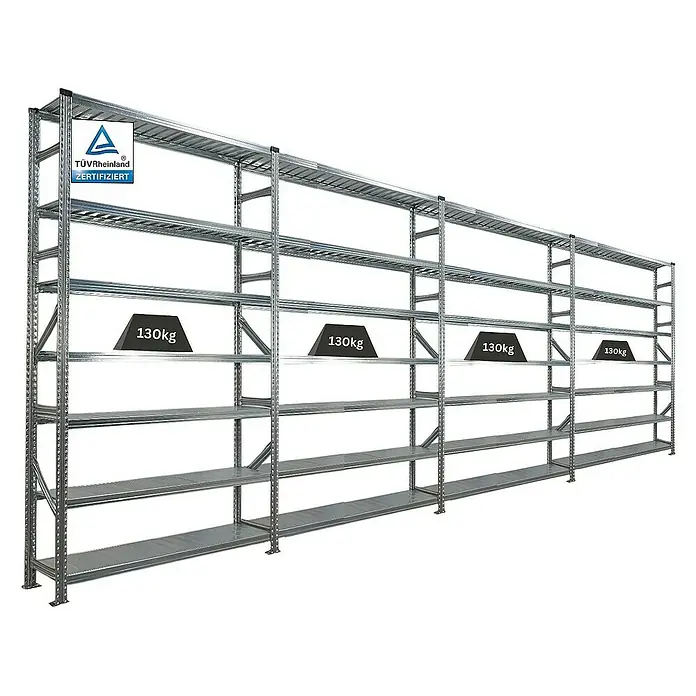 Proregal Metallregal Fachbodenregal PROXIMO 1x Grundregal + 3x Anbauregal - Traglast pro Boden: 200 kg, Anzahl Böden: 7 Stk., Stecken, Verzinkt - Metallregal mit fünf Ebenen und TÜV Rheinland Zertifizierung, belastbar mit 130kg pro Ebene.\n