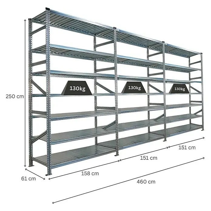 Proregal Metallregal Fachbodenregal PROXIMO 1x Grundregal + 2x Anbauregal - Traglast pro Boden: 200 kg, Anzahl Böden: 7 Stk., Stecken, Verzinkt - Metallregal mit sechs Fächern, Abmessungen 250 x 460 x 61 cm, Fachlast 130 kg. Ideal für Lager, Keller oder Garage.