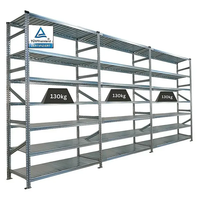 Proregal Metallregal Fachbodenregal PROXIMO 1x Grundregal + 2x Anbauregal - Traglast pro Boden: 200 kg, Anzahl Böden: 7 Stk., Stecken, Verzinkt - Lagerregal mit mehreren Ebenen und 130 kg Belastung pro Ebene. Zertifiziert für hohe Belastbarkeit und Sicherheit.