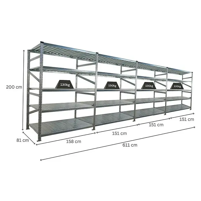 Proregal Metallregal Fachbodenregal PROXIMO 1x Grundregal + 3x Anbauregal - Traglast pro Boden: 130 kg, Anzahl Böden: 5 Stk., Stecken, Verzinkt - Abbildung eines langen, silbernen Schwerlastregals mit vier Regalebenen und Gewichtsangaben zur Demonstration der Belastbarkeit.