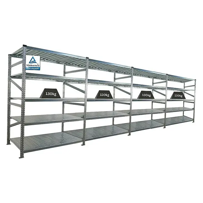 Proregal Metallregal Fachbodenregal PROXIMO 1x Grundregal + 3x Anbauregal - Traglast pro Boden: 130 kg, Anzahl Böden: 5 Stk., Stecken, Verzinkt - Ein langes, silbernes Metallregal mit vier Ebenen, beladen mit Gewichten, die das TÜV Rheinland Zertifikat tragen.