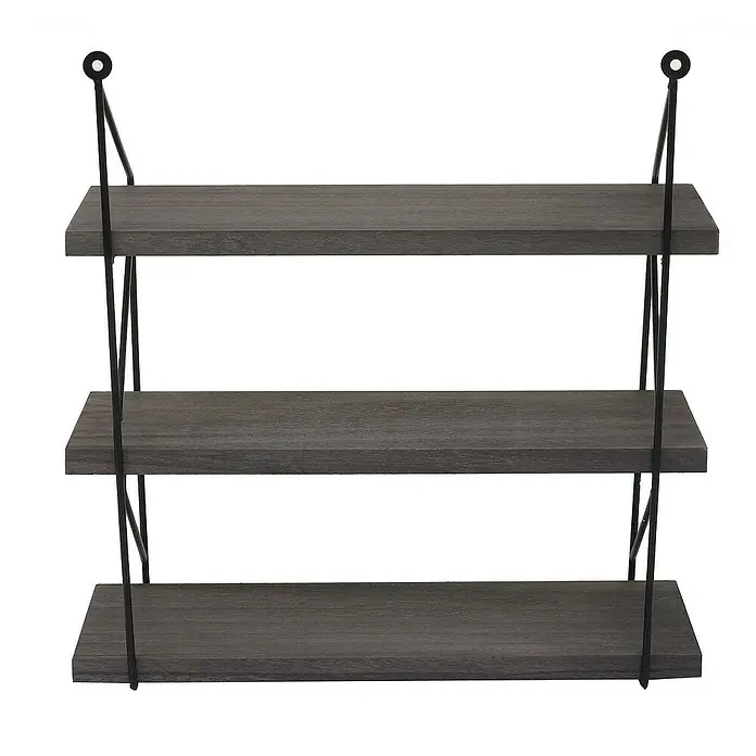 Berlinlodge Holzregal Wandregal - H x B x T: 40 x 40 x 13 cm, Anzahl Böden: 3 Stk., Einhängen, Dunkelgrau - Stilvolles Wandregal mit drei Ebenen und schwarzem Metallgestell für eine moderne Aufbewahrungslösung.