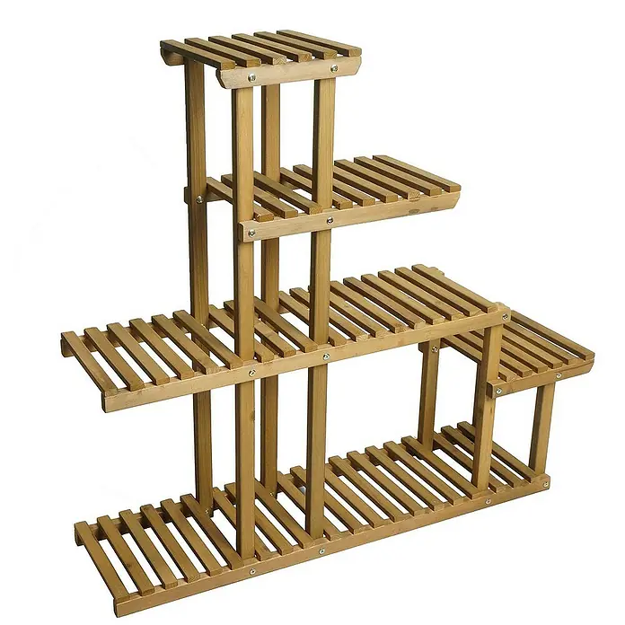 Berlinlodge Holzregal Pflanzregal - H x B x T: 95 x 105 x 25 cm, Anzahl Böden: 5 Stk., Einhängen, Braun - Das Bild zeigt ein hölzernes Pflanzenregal mit mehreren Ebenen, ideal zur Präsentation von Pflanzen und zur Dekoration von Innenräumen.