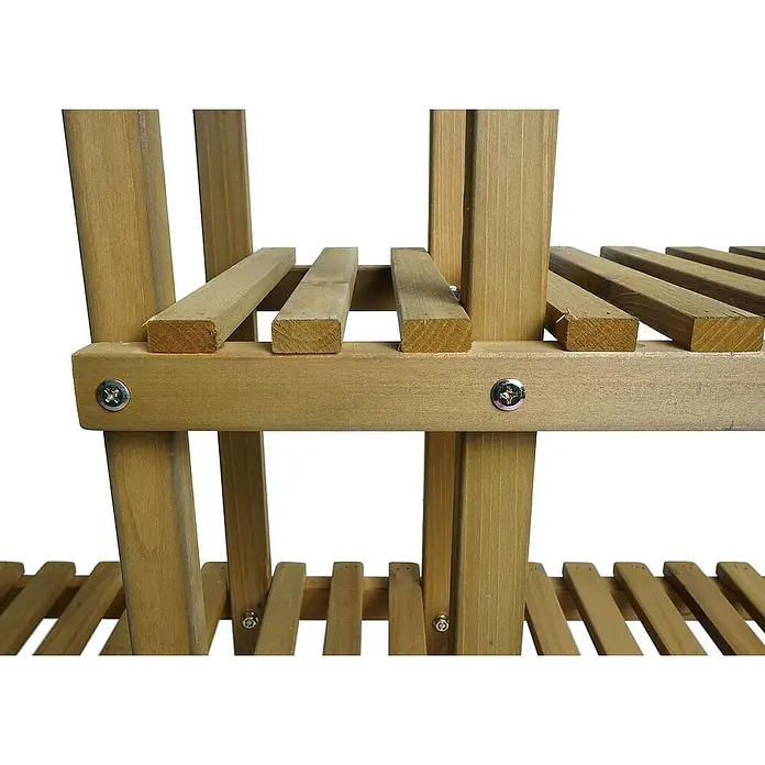 Berlinlodge Holzregal Pflanzregal - H x B x T: 95 x 105 x 25 cm, Anzahl Böden: 5 Stk., Einhängen, Braun - Nahaufnahme eines Holzpflanzenständers mit mehreren Ebenen und Lamellendesign.