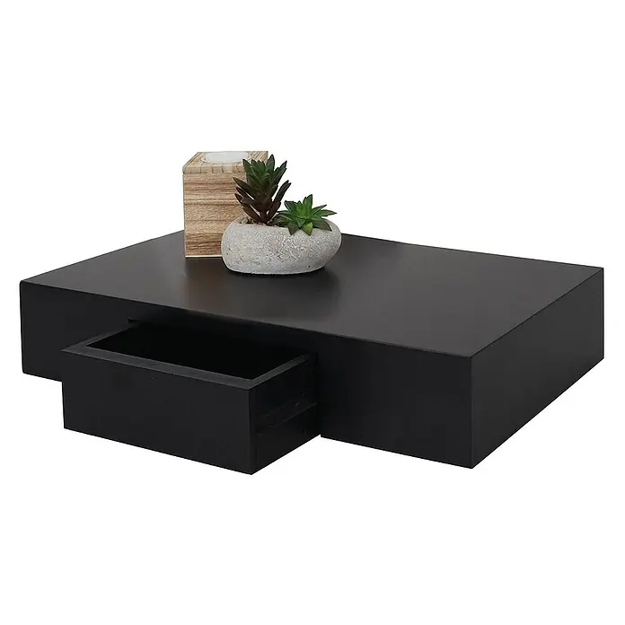 Berlinlodge Holzregal Wandregal Ilse - Anzahl Böden: 1 Stk., Einhängen, Schwarz - Schwarzes Wandregal mit Schublade und Dekorationen, ideal für modernes Interieur und zur stilvollen Aufbewahrung von Gegenständen.