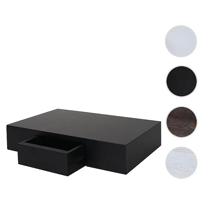 Berlinlodge Holzregal Wandregal Ilse - Anzahl Böden: 1 Stk., Einhängen, Schwarz - Produktbild eines schwarzen Couchtisches mit Schublade und Farbfeldern für verschiedene Oberflächen.