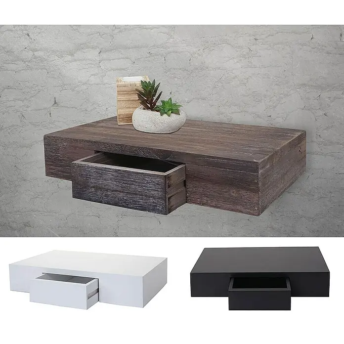 Berlinlodge Holzregal Wandregal Ilse - Anzahl Böden: 1 Stk., Einhängen, Schwarz - Wandregal mit Schublade aus Holz in verschiedenen Farben, darunter Braun, Weiß und Schwarz, für eine stilvolle Wanddekoration.