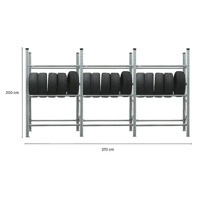 Proregal Reifenregal PROXIMO 1x Grundregal + 2x Anbauregal - H x B x T: 200 x 360 x 40 cm, Stecken, Verzinkt - Reifenregal mit drei Abschnitten und mehreren Reifen darauf. Die Höhe beträgt 200 cm, die Breite 370 cm.