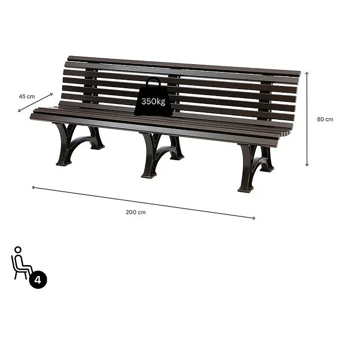 Proregal Gartenbank Jamaika 4-Sitzer aus Kunststoff - Braun - Das Bild zeigt eine stilvolle Parkbank aus dunklem Holz und Metall, geeignet für 4 Personen und belastbar bis 350kg. Die Maße sind 200x45x80 cm.