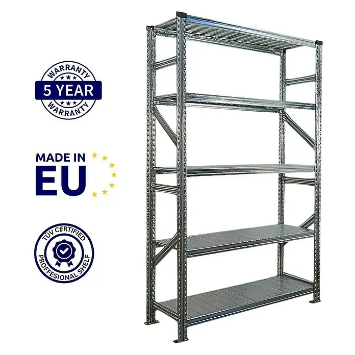 Proregal Metallregal Fachbodenregal PROXIMO 1x Grundregal + 1x Anbauregal - Traglast pro Boden: 200 kg, Anzahl Böden: 5 Stk., Stecken, Verzinkt - Bild eines robusten, professionellen Metallregals mit fünf Ebenen, ideal für Lagerung und Organisation.