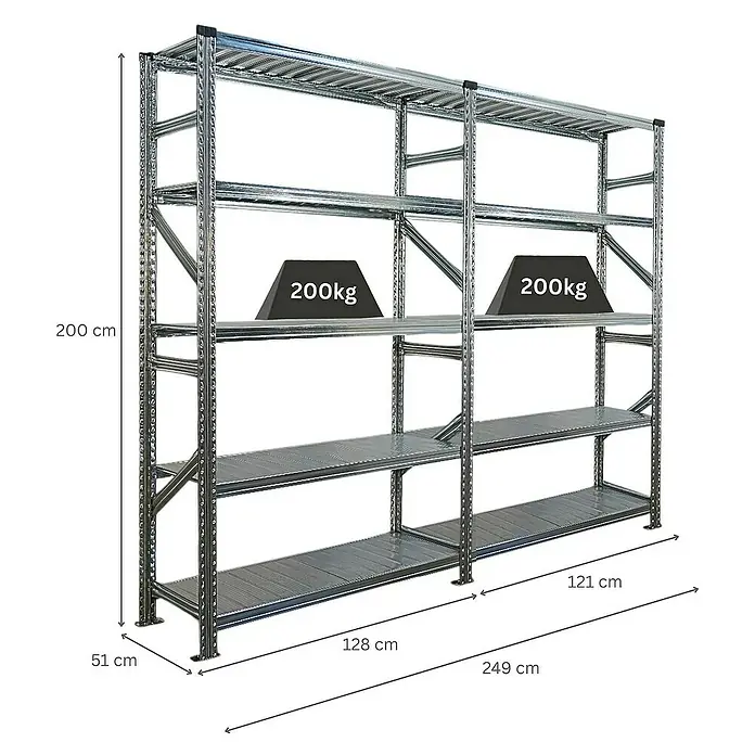 Proregal Metallregal Fachbodenregal PROXIMO 1x Grundregal + 1x Anbauregal - Traglast pro Boden: 200 kg, Anzahl Böden: 5 Stk., Stecken, Verzinkt - Metallregal mit vier Ebenen und Maßangaben, belastbar mit 200kg pro Ebene. Geeignet für Lager, Keller oder Garage zur optimalen Raumnutzung.