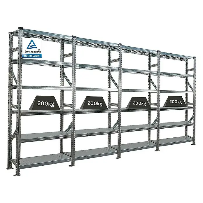 Proregal Metallregal Fachbodenregal PROXIMO 1x Grundregal + 3x Anbauregal - Traglast pro Boden: 200 kg, Anzahl Böden: 6 Stk., Stecken, Verzinkt - Regalsystem mit mehreren Ebenen und einer Belastung von 200 kg pro Ebene.