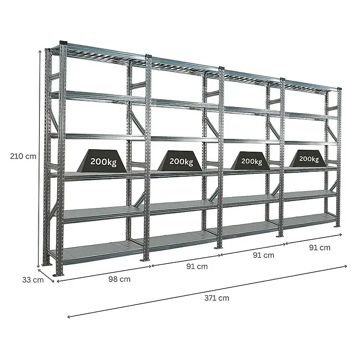 Proregal Metallregal Fachbodenregal PROXIMO 1x Grundregal + 3x Anbauregal - Traglast pro Boden: 200 kg, Anzahl Böden: 6 Stk., Stecken, Verzinkt - Abbildung eines robusten Metallregals mit mehreren Ebenen, das mit Gewichten von je 200 kg belastet ist. Ideal für Lagerhaltung.