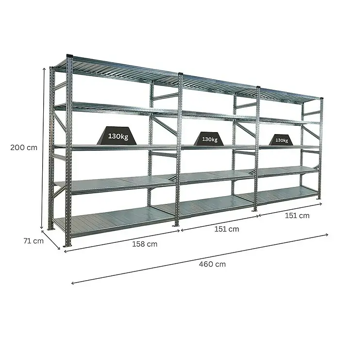 Proregal Metallregal Fachbodenregal PROXIMO 1x Grundregal + 2x Anbauregal - Traglast pro Boden: 130 kg, Anzahl Böden: 5 Stk., Stecken, Verzinkt - Metallregal mit drei Ebenen und einer Kapazität von 130 kg pro Ebene, ideal für Lagerung.