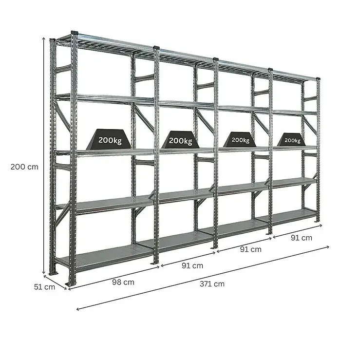 Proregal Metallregal Fachbodenregal PROXIMO 1x Grundregal + 3x Anbauregal - Traglast pro Boden: 200 kg, Anzahl Böden: 5 Stk., Stecken, Verzinkt - Ein modulares, robustes Schwerlastregal mit mehreren Ebenen und hoher Traglast für Lagerhaltung, mit Maßangaben versehen.