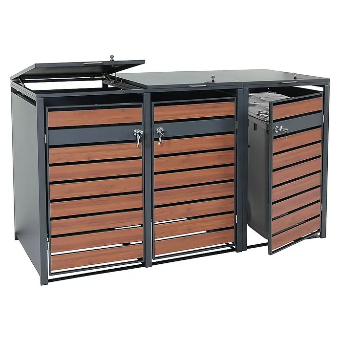 Proregal Mülltonnenbox XL 3er/6er-Mülltonnenverkleidung - 215 x 98 cm, Metall, Kirsche-Holzoptik Dunkelbraun, Geeignet für Anzahl Mülltonnen: 3 Stk. - Mülltonnenbox für den Außenbereich mit drei Fächern, Fronten mit Holzimitat-Verkleidung und abschließbaren Türen.
