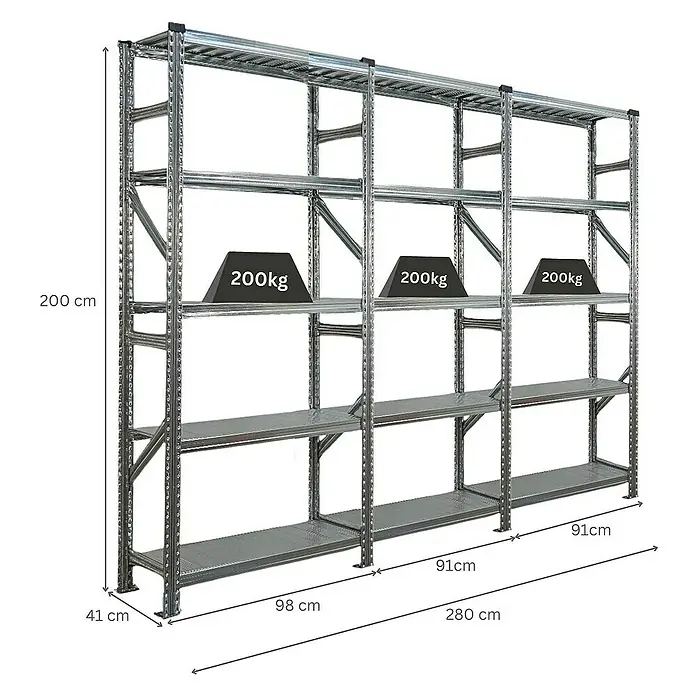 Proregal Metallregal Fachbodenregal PROXIMO 1x Grundregal + 2x Anbauregal - Traglast pro Boden: 200 kg, Anzahl Böden: 5 Stk., Stecken, Verzinkt - Bild eines robusten Schwerlastregals mit drei Ebenen, ideal für Lagerung, und detaillierten Maßangaben.\n