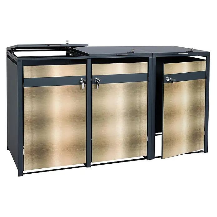 Proregal Mülltonnenbox 3er Mülltonnenverkleidung - Metall, Gold-Optik, Geeignet für Anzahl Mülltonnen: 3 Stk. - Mülltrennsystem mit drei abschließbaren Behältern in Anthrazit und Goldoptik für eine stilvolle Abfallentsorgung.