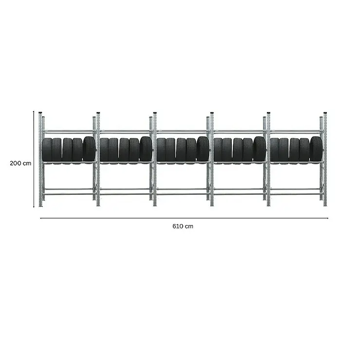 Proregal Reifenregal PROXIMO 1x Grundregal + 4x Anbauregal - H x B x T: 200 x 600 x 40 cm, Stecken, Verzinkt - Reifenregal zur Lagerung von Reifen mit einer Höhe von 200 cm und einer Breite von 610 cm.