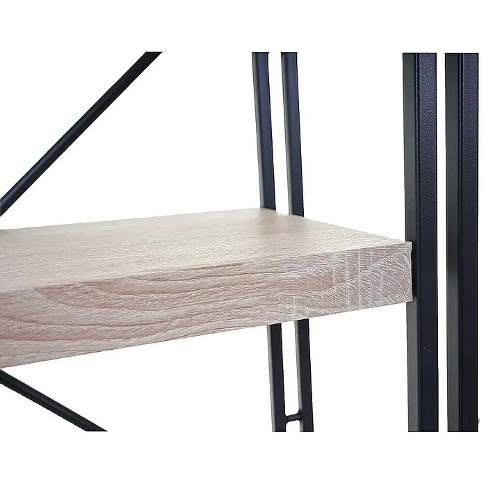 Berlinlodge Holzregal Bücherregal - H x B x T: 165 x 80 x 30 cm, Anzahl Böden: 5 Stk., Aufstellen, Eiche - Detailaufnahme eines Holzregals mit schwarzem Metallrahmen. Das Regalbrett ist hell und weist eine feine Holzmaserung auf.