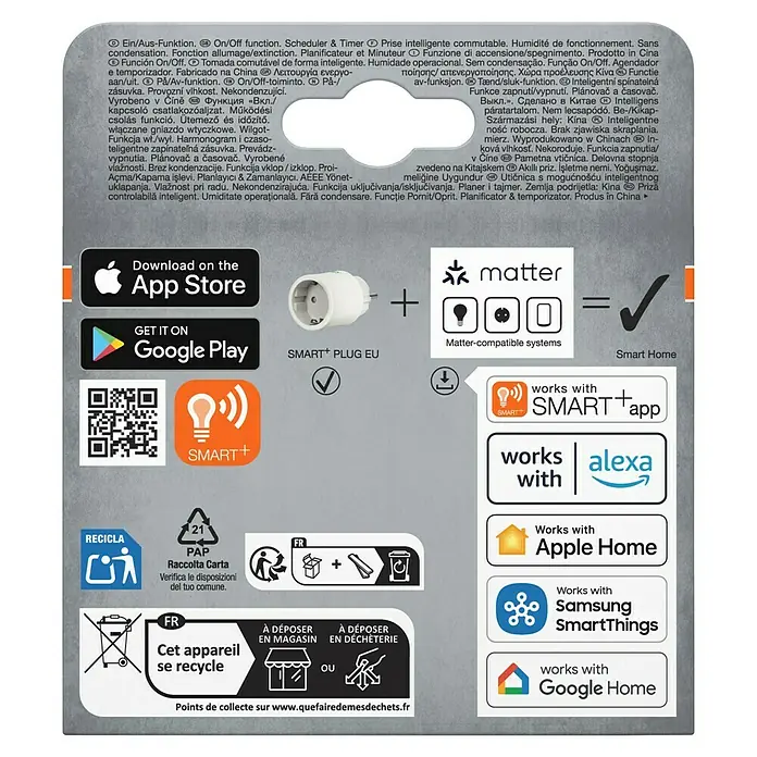 Osram Smart+ Smart-Steckdose matter - Innen, Weiß, 2 Stk. - Verpackung mit Informationen zum SMART+ Zwischenstecker EU, einschließlich App-Kompatibilität und Entsorgungshinweise.