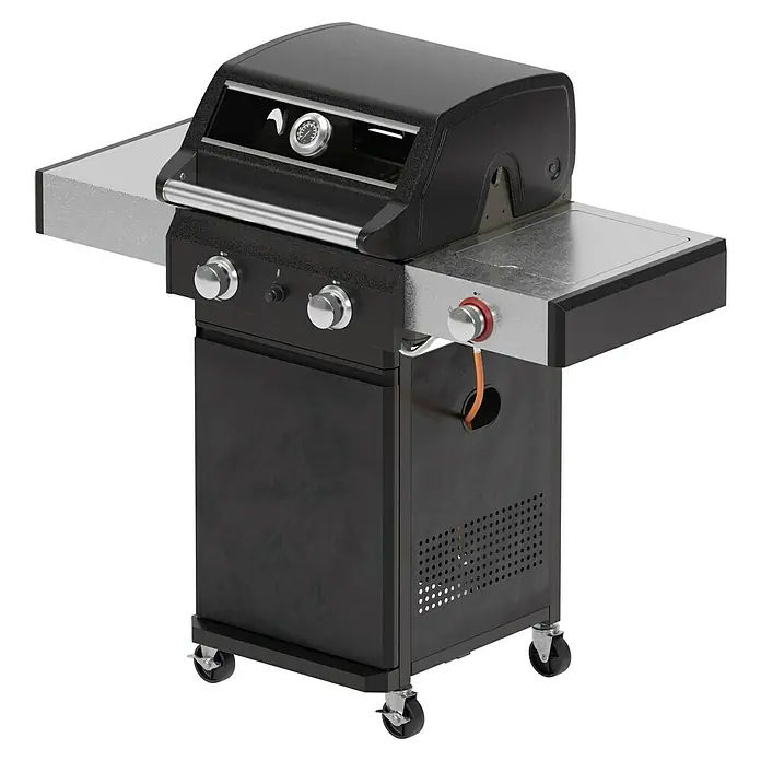 Grillstar Gasgrill Powerburner 250-1 - Grillfläche (B x T): 50 x 41 cm, 5,86 kW, Anzahl Brenner: 2 - Produktbild eines schwarzen Gasgrills mit silbernen Ablageflächen. Der Grill steht auf Rollen und hat einen Temperaturregler.