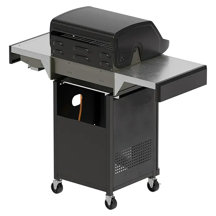 Grillstar Gasgrill Powerburner 250-1 - Grillfläche (B x T): 50 x 41 cm, 5,86 kW, Anzahl Brenner: 2 - Abbildung eines schwarzen Gasgrills mit zwei Ablagetischen, der auf Rollen steht und ein modernes Design aufweist.