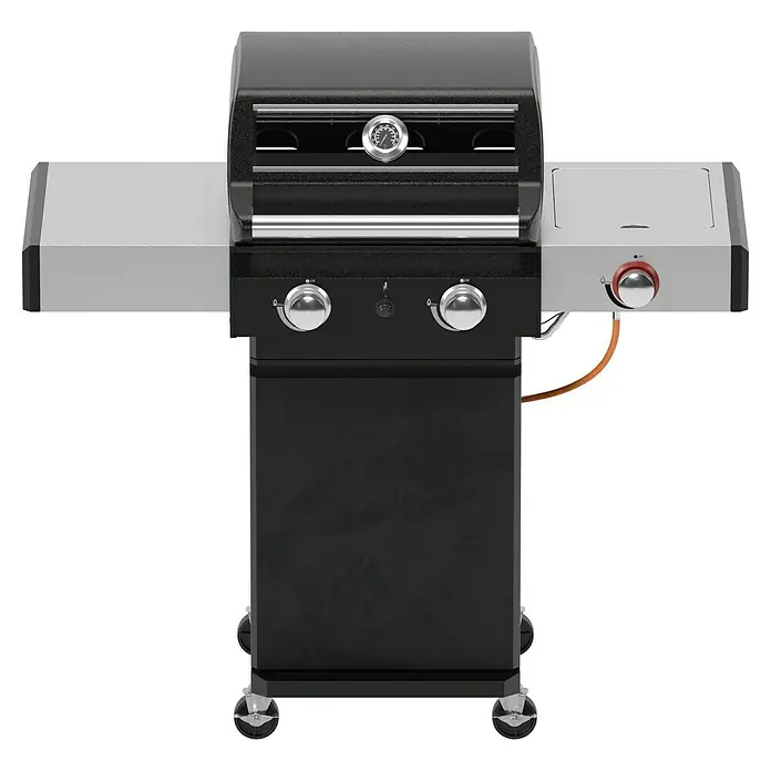 Grillstar Gasgrill Powerburner 250-1 - Grillfläche (B x T): 50 x 41 cm, 5,86 kW, Anzahl Brenner: 2 - Abbildung eines stilvollen schwarzen Grills mit silbernen Ablageflächen, der zum Grillen im Freien bereitsteht.