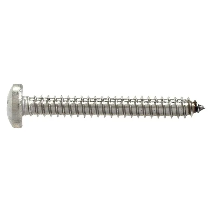 Marinetech Blechschraube - Ø x L: 4,2 x 13 mm, A4, Edelstahl, Kopf-Kreuzschlitz (Pozidriv), Linsenkopf - Nahaufnahme einer einzelnen Senkkopfschraube aus Metall mit scharfer Spitze und Gewinde.