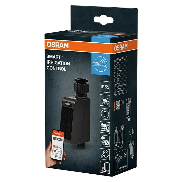 Osram Smart+ Bewässerungssteuerung - Batteriebetrieben, Passend für: Bewässerungssteuerung, Smart Home System, 1 & ¾ Zoll Wasserhahn - Die Verpackung der OSRAM SMART+ Bewässerungssteuerung, die eine intelligente Gartenbewässerung ermöglicht.