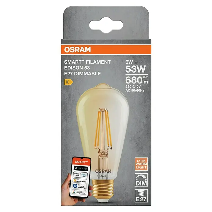 Osram Smart+ Smart-LED-Lampe Edison matter - E27, Dimmbar, Warmweiß, 680 lm, 6 W - Das Bild zeigt eine OSRAM SMART+ Filament Edison 53 E27 Dimmable Glühbirne mit Smart Home Integration und warmweißem Licht in der Verpackung.