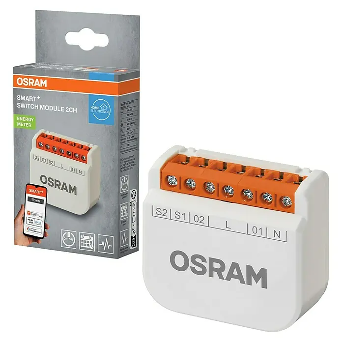 Osram Smart+ Schalter 2CH - Weiß, Innen - Das Osram Smart+ Switch Modul 2CH ist ein intelligenter Schalter zur Steuerung von elektronischen Geräten im Haus und bietet Energieüberwachung.