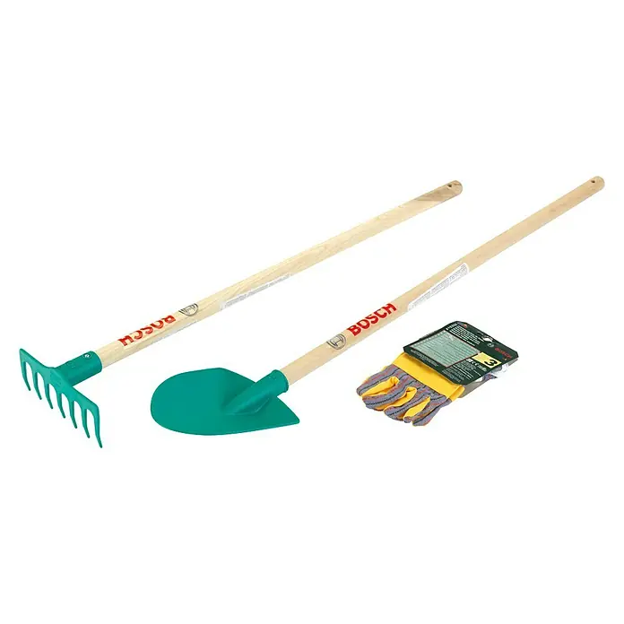 Klein Bosch Kinder-Garten-Set - 3 -tlg. - Gartengeräteset von Bosch mit Rechen, Schaufel und Gartenhandschuhen für Kinder, ideal für kleine Gärtner und ihre ersten Erfahrungen im Garten.