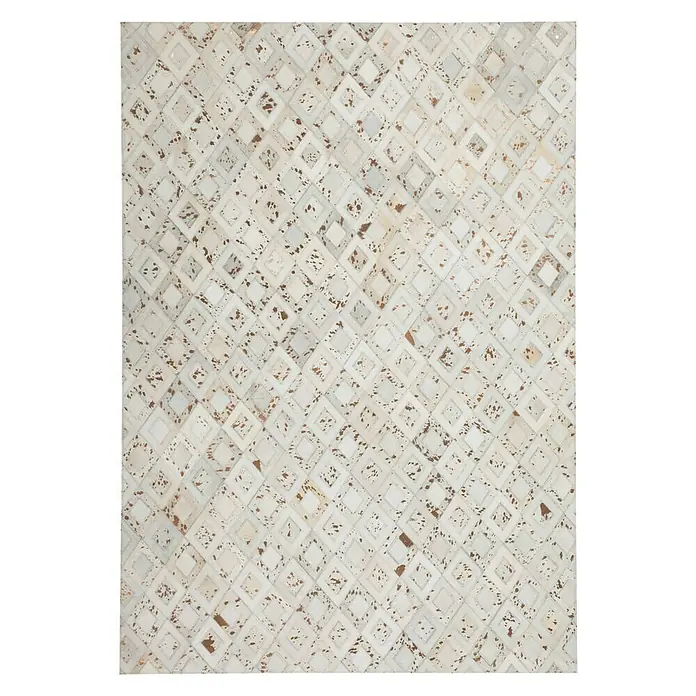 Kayoom Lederteppich Dazzle 100 - Elfenbein/Chrom, 230 x 160 cm, 100 % Leder - Elegante Patchwork-Kuhfell-Teppich mit einem einzigartigen Diamantenmuster, ideal für stilvolle Wohnräume.