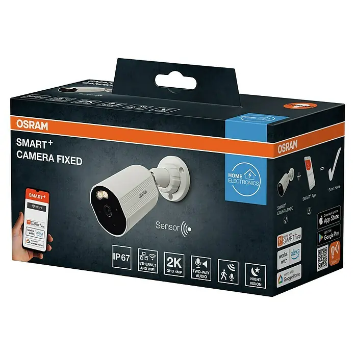 Osram Smart+ Überwachungskamera Outdoor Fixed - Passend für: Alarmsystem, Smart Home System - Nahaufnahme der Verpackung einer OSRAM SMART+ fest installierten Kamera, die Funktionen wie 2K-Video und Zwei-Wege-Audio hervorhebt.
