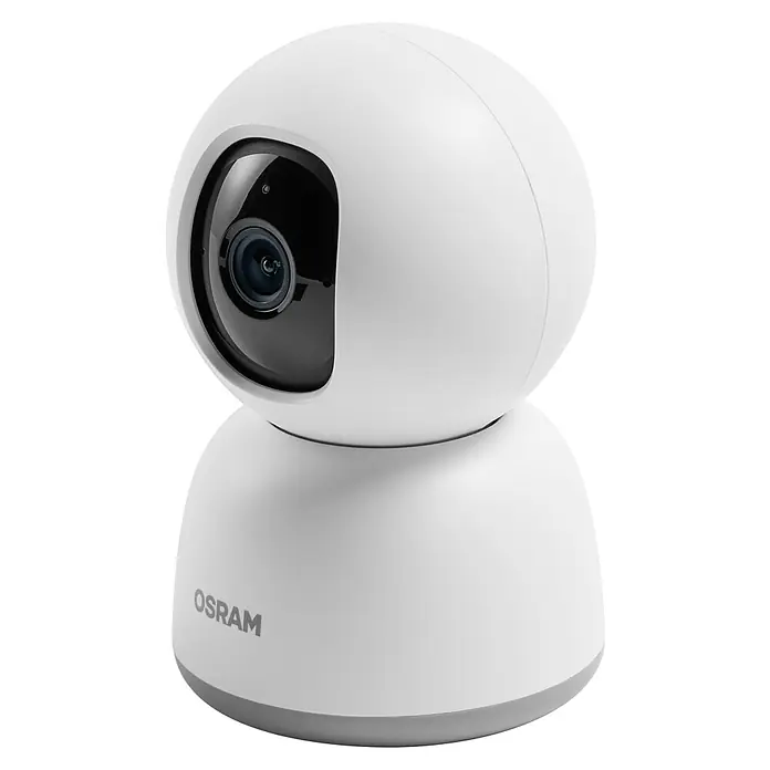 Osram Smart+ Überwachungskamera 360 - Passend für: Alarmsystem, Smart Home System - Nahaufnahme einer weißen Osram-Überwachungskamera mit schwenkbarer und neigbarer Funktion für den Innenbereich zur Sicherheitsüberwachung.