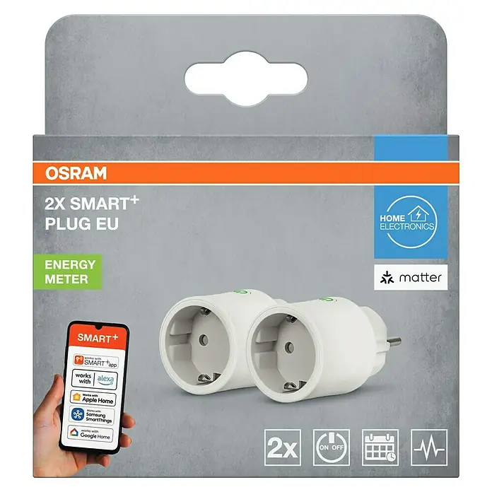 Osram Smart+ Smart-Steckdose matter - Innen, Weiß, 2 Stk. - Abbildung des OSRAM 2X SMART+ PLUG EU, ein intelligenter Stecker mit Energiezähler, der mit verschiedenen Smart-Home-Systemen kompatibel ist.