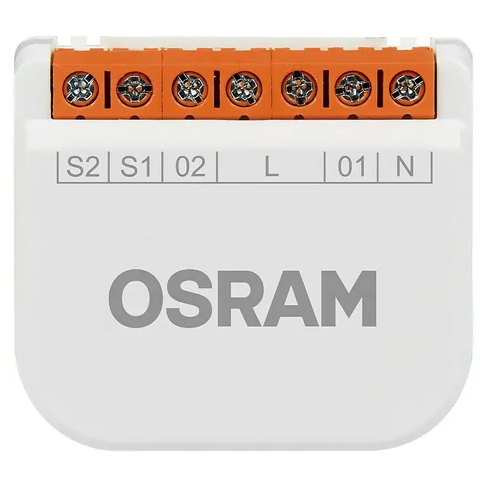 Osram Smart+ Schalter 2CH - Weiß, Innen - Nahaufnahme eines weißen Osram-Smart Home-Geräts mit orangefarbenen Anschlüssen und grauem Osram-Logo.
