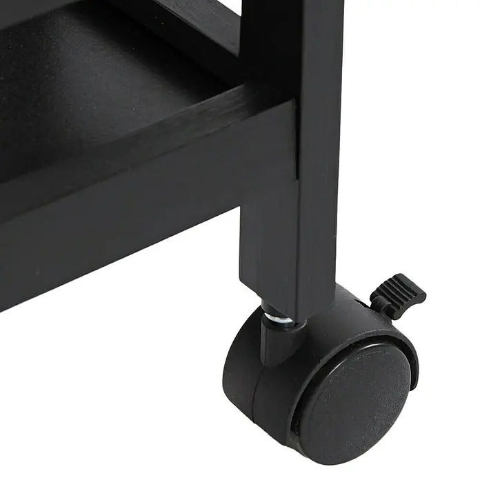 Versa Carro de cocina - L x An x Al: 15 x 36 x 74 cm, Acero, Negro - Primer plano de un mueble negro con un pie con ruedas, que combina movilidad y estabilidad.