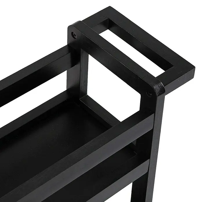 Versa Carro de cocina - L x An x Al: 15 x 36 x 74 cm, Acero, Negro - Primer plano de un elegante zapatero negro. El diseño del zapatero presenta líneas limpias y una construcción de madera robusta.