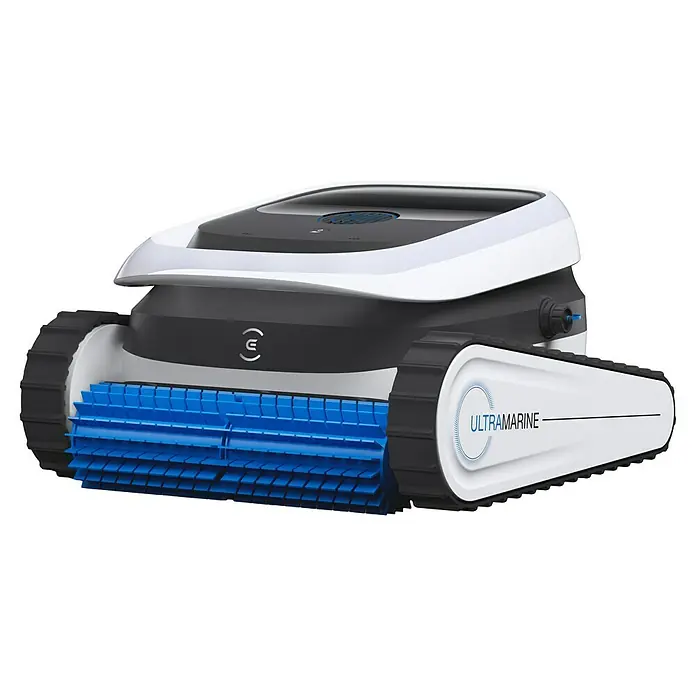 Ecovacs Poolroboter Ultramarine P1 - Akkubetrieben, Passend für: Pools bis 180 m² Grundfläche, Filterleistung: 18.200 l/h - Bild eines Ultramarine-Poolreinigungsroboters mit Raupenantrieb und Bürsten.
