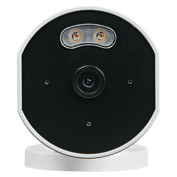 Osram Smart+ Überwachungskamera Outdoor Fixed - Passend für: Alarmsystem, Smart Home System - Nahaufnahme einer runden Überwachungskamera mit Infrarotstrahlern und Linse.