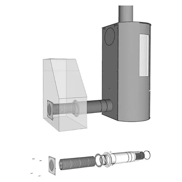 Aduro Frischluftsystem - Durchmesser: 80 mm - 125 mm - Die Darstellung zeigt eine detaillierte Skizze eines Ofens mit Abluftsystem, inklusive der zugehörigen Montageelemente.