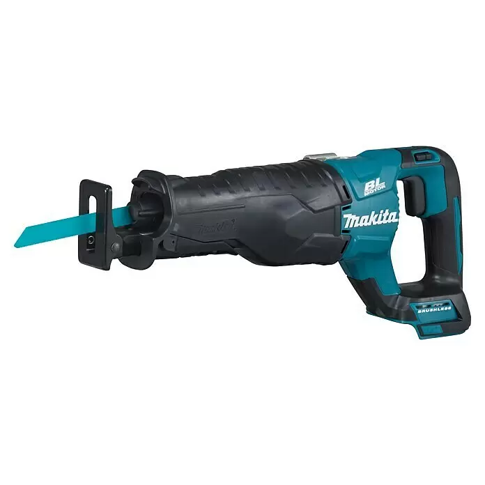 Makita LXT 18V Sierra de sable de batería DJR187ZK - 18 V, Sin batería, Número de carreras marcha en vacío: 2.400 /min - Sierra sable sin escobillas Makita turquesa y negra con hoja azul.