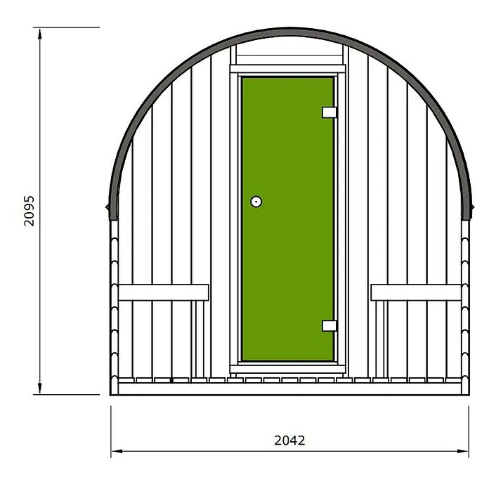 FinnTherm Fasssauna ScandiPod Deluxe - Holz - Ansicht eines Saunafasses mit Tür und Bemaßung, die Höhe beträgt 2095 und die Breite 2042.